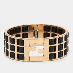 Pre Owned Fendi FF Gold Tone Metal and Black Leather Detail Cuff Bracelet