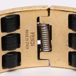 Pre Owned Fendi FF Gold Tone Metal and Black Leather Detail Cuff Bracelet