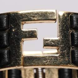 Pre Owned Fendi FF Gold Tone Metal and Black Leather Detail Cuff Bracelet