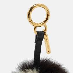 Pre Owned Fendi Pom Pom Bag Charm Black/Beige Fox Fur