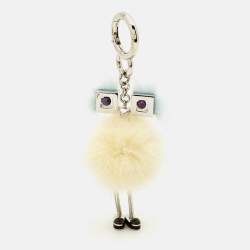 Pre Owned Fendi Bag Charm Yellow/Blue Fox Fur Hypnoteyes Chick Pom Pom 