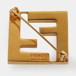 Pre Owned Fendi FF Green Enamel Gold Tone Brooch