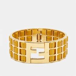 Pre Owned Fendi Fendista Woven Leather Gold Tone Bracelet M