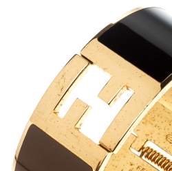 Pre Owned Fendi Fendista Black Brown Enamel Gold Tone Wide Bracelet M