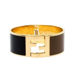 Pre Owned Fendi Fendista Black Brown Enamel Gold Tone Wide Bracelet M
