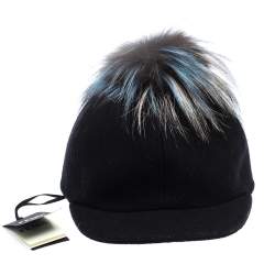 Pre Owned Fendi Black Wool Fox Fur Trim Baseball Cap M