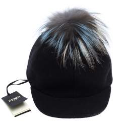 Pre Owned Fendi Black Wool Fox Fur Trim Baseball Cap M