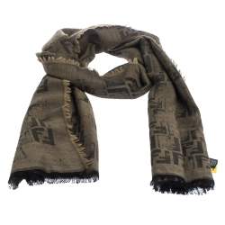 Fendi Brown Distressed Zucca Patterned Wool Blend Scarf