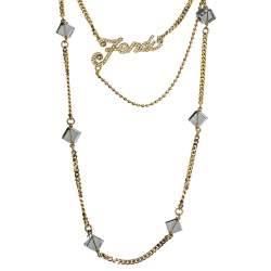 مملوكة مسبقًا Fendi Logo Crystal Gold Tone Multi Strand Station Necklace