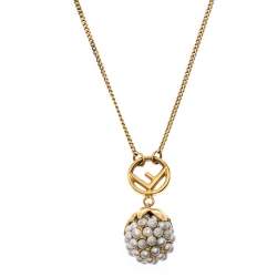 Pre Owned Fendi Faux Pearl Fruit Motif Gold Tone Pendant Necklace