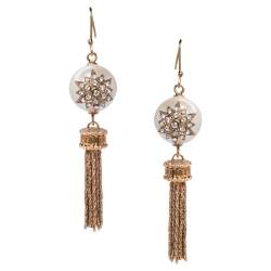 Pre Owned Fendi Gold Tone Crystal & Faux Pearl Tassel Earrings