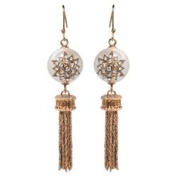 Pre Owned Fendi Gold Tone Crystal & Faux Pearl Tassel Earrings