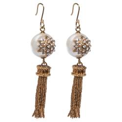 Pre Owned Fendi Gold Tone Crystal & Faux Pearl Tassel Earrings