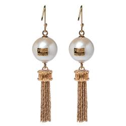 Pre Owned Fendi Gold Tone Crystal & Faux Pearl Tassel Earrings
