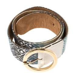 Pre Owned Fendi Blue/White Ombre Canvas Round Buckle Belt Size 80