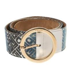 Pre Owned Fendi Blue/White Ombre Canvas Round Buckle Belt Size 80