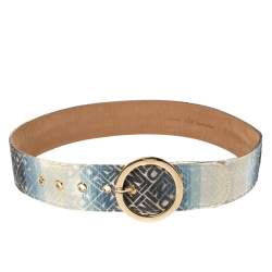 Pre Owned Fendi Blue/White Ombre Canvas Round Buckle Belt Size 80