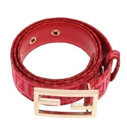 Pre Owned Fendi Pink/Red Zucca Canvas FF Buckle Belt 80 CM