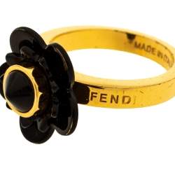 Fendi Gold Tone Black Flowerland Ring S