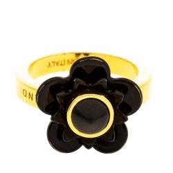 Fendi Gold Tone Black Flowerland Ring S