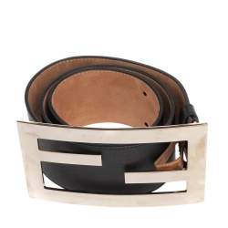 Pre Owned Fendi Black Leather FF Buckle Wide Waist Belt 85CM