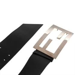 Pre Owned Fendi Black Leather FF Buckle Wide Waist Belt 85CM