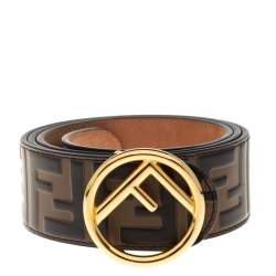 Pre Owned Fendi Brown Zucca Embossed Leather F Buckle Belt 90CM