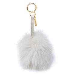 Pre Owned Fendi Grey/Offwhite Fox Fur And Leather Pom Pom Bag Charm