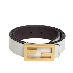Pre Owned Fendi White/Chocolate Brown Leather Baguette Buckle Reversible Belt 90CM