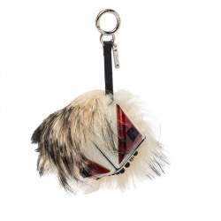Pre Owned Fendi Cream White/Black Fur and Leather Prisma Monster Bag Charm