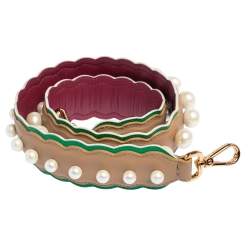 Pre Owned Fendi Beige/Green Leather Faux Pearl Embellished Strap You Shoulder Bag Strap