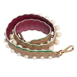 Pre Owned Fendi Beige/Green Leather Faux Pearl Embellished Strap You Shoulder Bag Strap