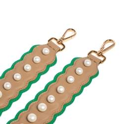 Pre Owned Fendi Beige/Green Leather Faux Pearl Embellished Strap You Shoulder Bag Strap