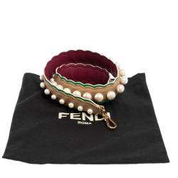 Pre Owned Fendi Beige/Green Leather Faux Pearl Embellished Strap You Shoulder Bag Strap