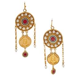 Pre Owned Fendi Gold Tone Beaded Drop Hook Earrings