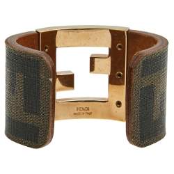 Pre Owned Fendi Zucca Canvas Gold Tone Open Cuff Bracelet