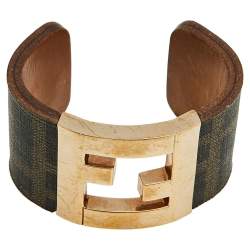 Pre Owned Fendi Zucca Canvas Gold Tone Open Cuff Bracelet