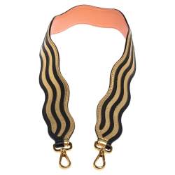 Pre Owned Fendi Gold/Black Leather Wave Stripe Strap You Shoulder Bag Strap