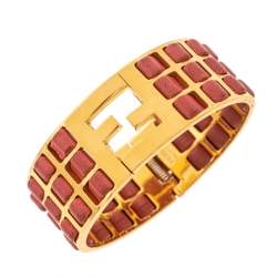 Fendi FF Gold Tone Leather Detail Cuff Bracelet
