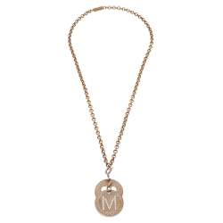 Fendi Vintage Gold Tone Crystal M & Heart Pendant Necklace