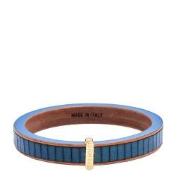 Pre Owned Fendi Wood Leather Gold Tone Metal Navy Blue Bangle Bracelet