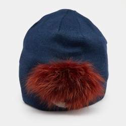 Pre Owned Fendi Navy Blue Wool Fox Fur Wonders Beanie ( One Size )