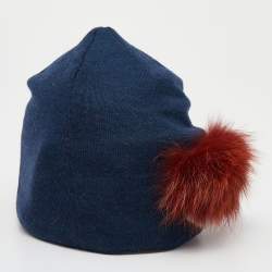 Pre Owned Fendi Navy Blue Wool Fox Fur Wonders Beanie ( One Size )