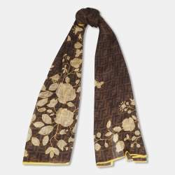 Pre Owned Fendi Brown Floral & Butterfly Zucca Print Silk Scarf
