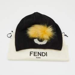 Pre Owned Fendi Black Monster Eye Wool Fur Appliqued Beanie 