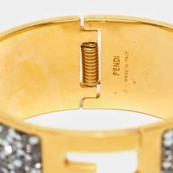 Pre Owned Fendi Fendista Crystals Gold Tone Wide Cuff Bracelet S