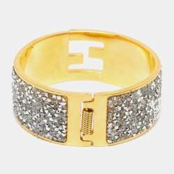 Pre Owned Fendi Fendista Crystals Gold Tone Wide Cuff Bracelet S
