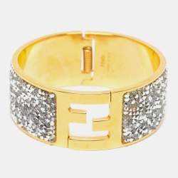 Pre Owned Fendi Fendista Crystals Gold Tone Wide Cuff Bracelet S