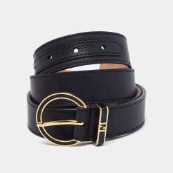 Pre Owned Fendi Black Leather Round Buckle Belt Size 95CM