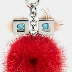 Pre Owned Fendi Red/Peach Mink Fur Hypnoteyes Chick Pom Pom Bag Charm